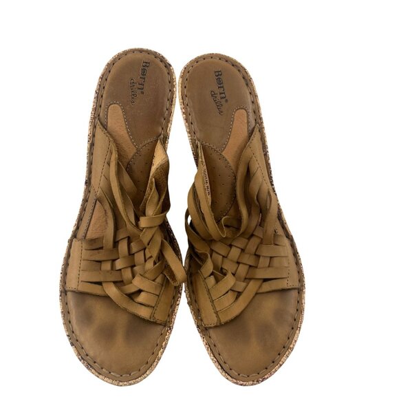 Born Drilles Women's Tan Leather Woven Wedge Sandals‎ Size 9 - Picture 2 of 5